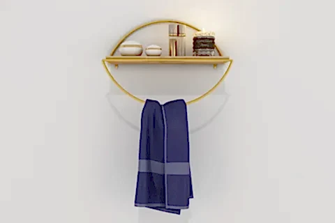 BİNO ELİPS MASİF AĞAÇ PASLANMAZ DEKORATİF MUTFAK BANYO RAFI, GOLD