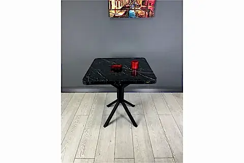 TEPE SİYAH MERMER MUTFAK MASASI SİYAH AYAK 70 CM
