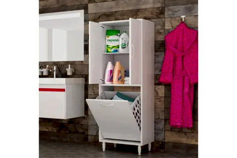 NİSA KİRLİ ÇAMAŞIR SEPETLİ BANYO DOLABI 2 KAPAKLI, BEYAZ