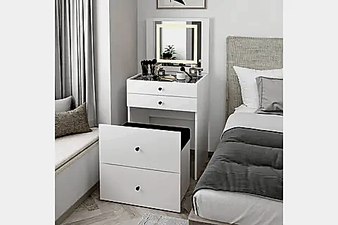 LUMA GİZLİ PUFLU LED AYNALI MAKYAJ MASASI, BEYAZ