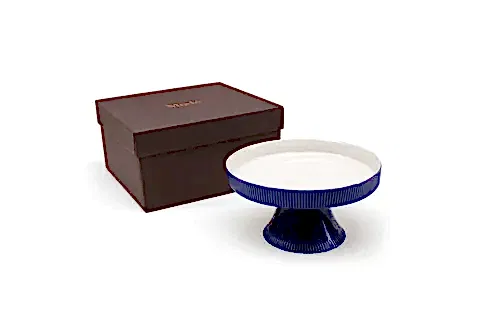 FLUTED AYAKLI SUNUM TABAĞI, LACİVERT KREM