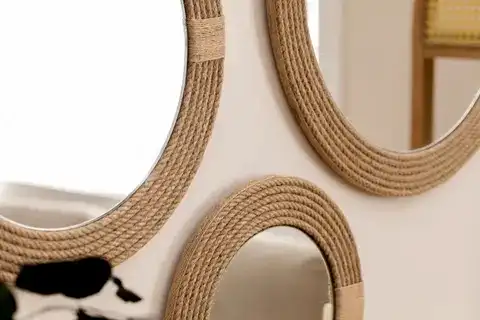 DFN WOOD JUT HALATLI ÜÇLÜ YUVARLAK DEKORATİF DUVAR AYNASI