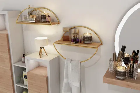 BİNO ELİPS MASİF AĞAÇ PASLANMAZ DEKORATİF MUTFAK BANYO RAFI, GOLD