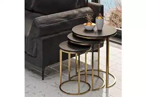 TUBİHOME ZİGON SEHPA TAKIMI, GOLD AYAK,  SİYAH AHŞAP