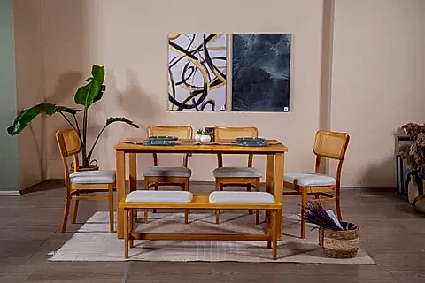 HAZERAN İSKANDİNAV MASA TAKIMI, 4 SANDALYE 1 BENCH, 80X140