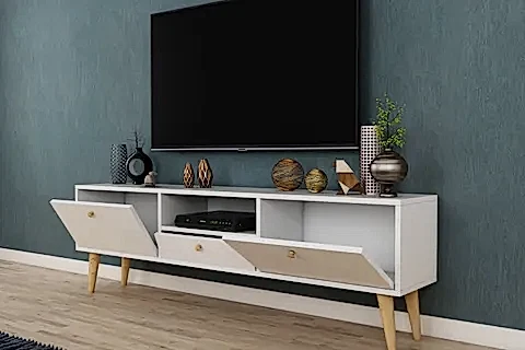 PENTA TV SEHPASI, AHŞAP AYAKLI, BEYAZ, 160 CM