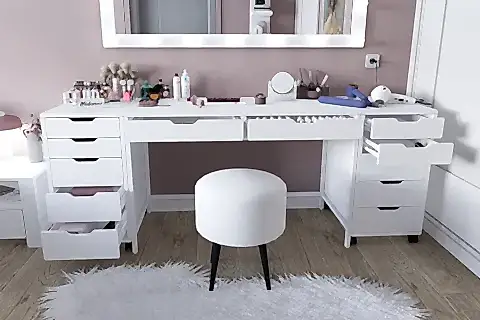 DURU AYNASIZ MAKYAJ MASASI SETİ, BEYAZ, 12 ÇEKMECELİ