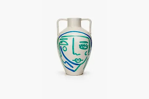BEYAZ MAVİ TURKUAZ SOYUT YÜZ TERRACOTTA VAZO BOHO