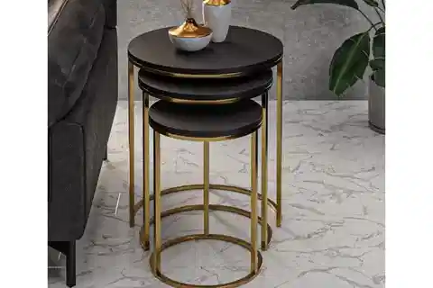 TUBİHOME ZİGON SEHPA TAKIMI, GOLD AYAK,  SİYAH AHŞAP