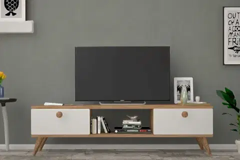 EMRE AHŞAP AYAKLI TV SEHPASI, ATLANTİK ÇAM BEYAZ, 140 CM