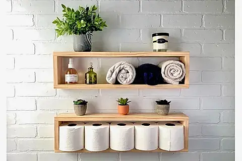 DFN WOOD MASİF AHŞAP DUVAR BANYO RAFI, İKİLİ, 45X16X10