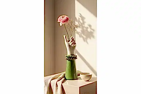 YEŞİL EL YAPIMI SERAMİK EL VAZOSU VİNTAGE