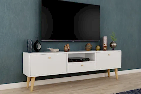 PENTA TV SEHPASI, AHŞAP AYAKLI, BEYAZ, 160 CM