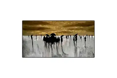 ALTIN GÖKYÜZÜ VE ŞEMSİYELİ İNSANLAR ORİJİNAL YAĞLI BOYA TABLO