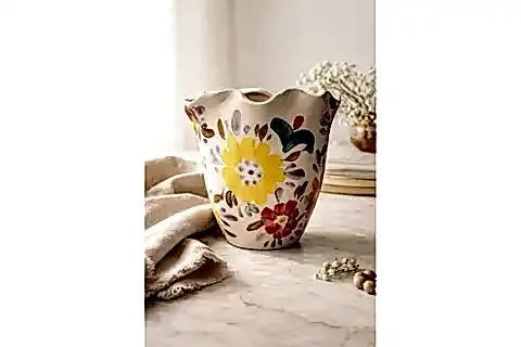 RENKLİ EL BOYAMALI ÇİÇEK DESENLİ VAZO