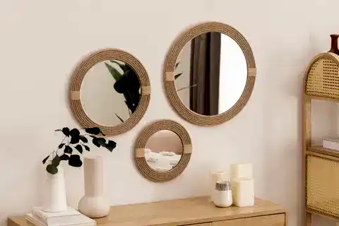 DFN WOOD JUT HALATLI ÜÇLÜ YUVARLAK DEKORATİF DUVAR AYNASI