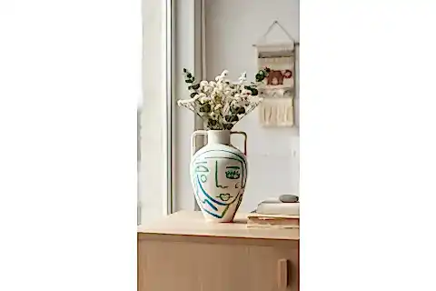 BEYAZ MAVİ TURKUAZ SOYUT YÜZ TERRACOTTA VAZO BOHO